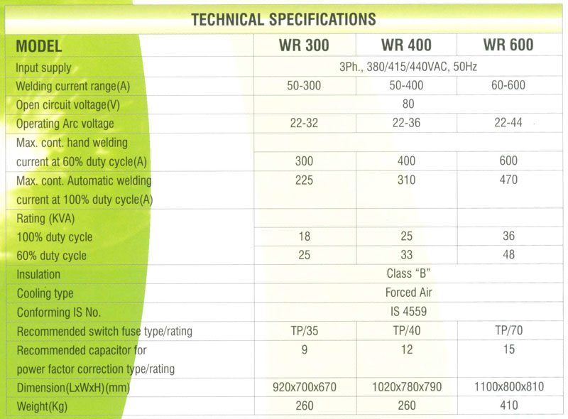Specification of WELDING RECTIFIER 300 / 400 / 600